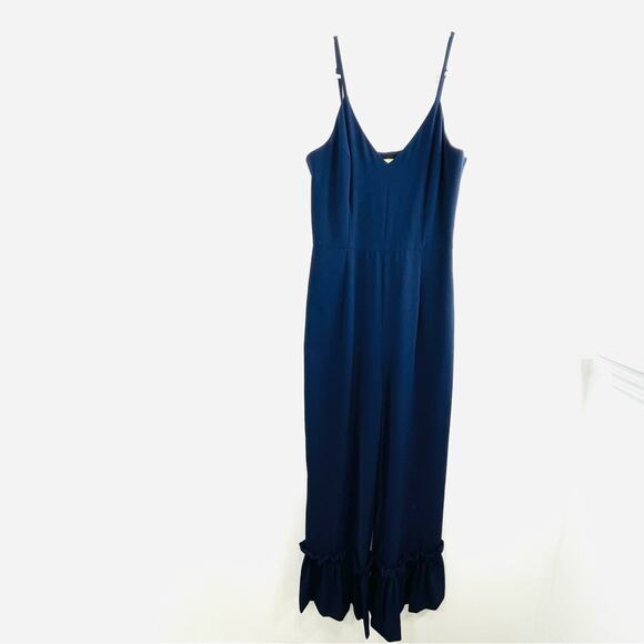 Gianni Bini Navy Blue Ruffle Hem Wide Leg Jumpsuit 0 - Picture 2 of 12